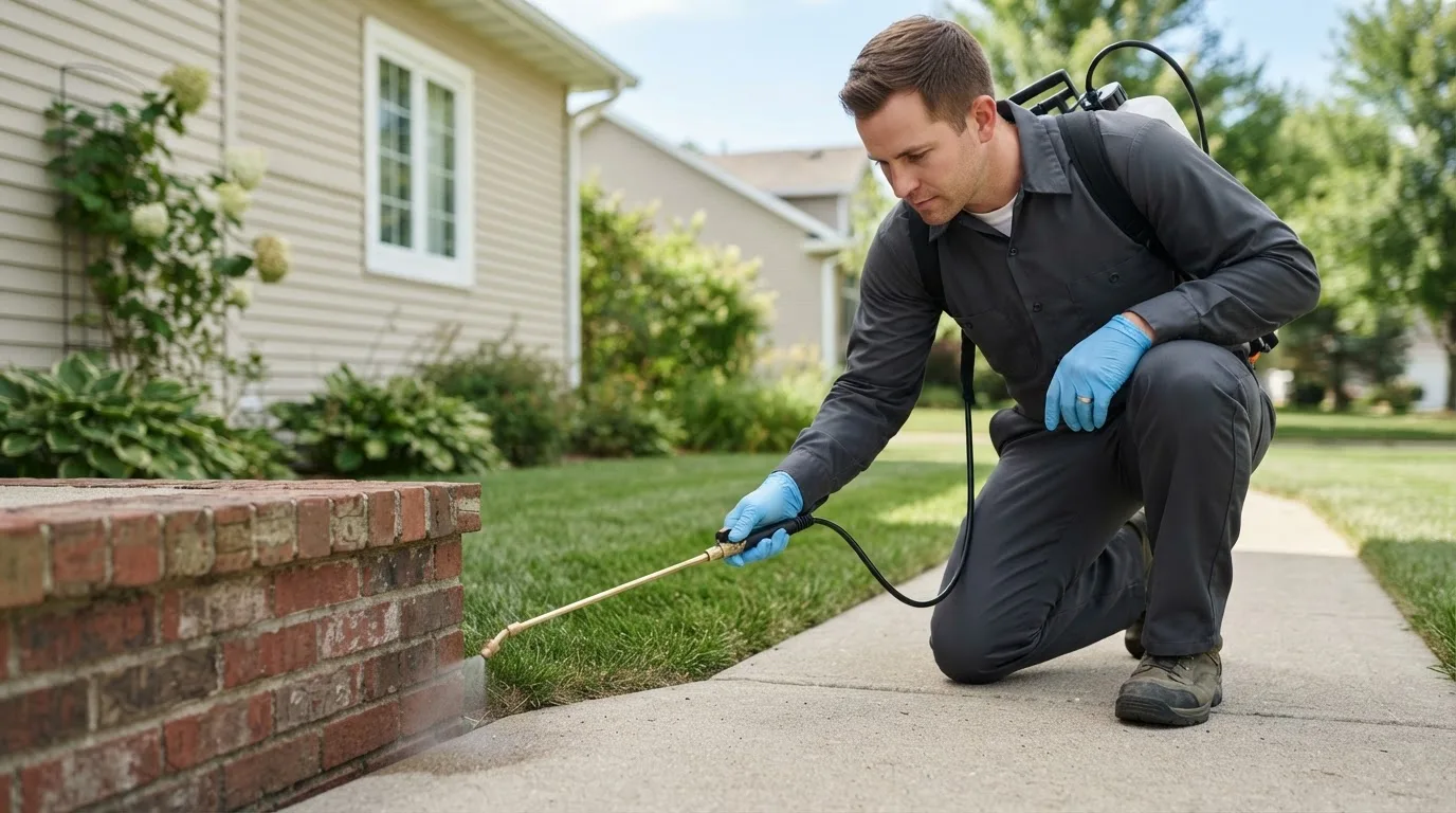 Pest control technician treating a home near Oxford, IN